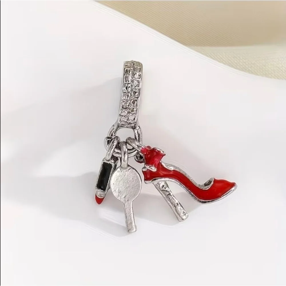 Women's Silver & Red High Heel & Lipstick Charm Bracelet - Picture 2 of 4
